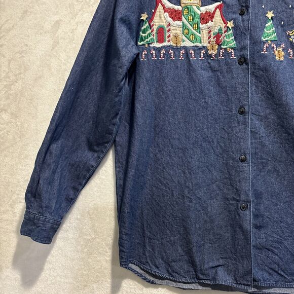 Karen Scott Denim Christmas Shirt Women's Medium Santa Claus Embroidered - Picture 4 of 16